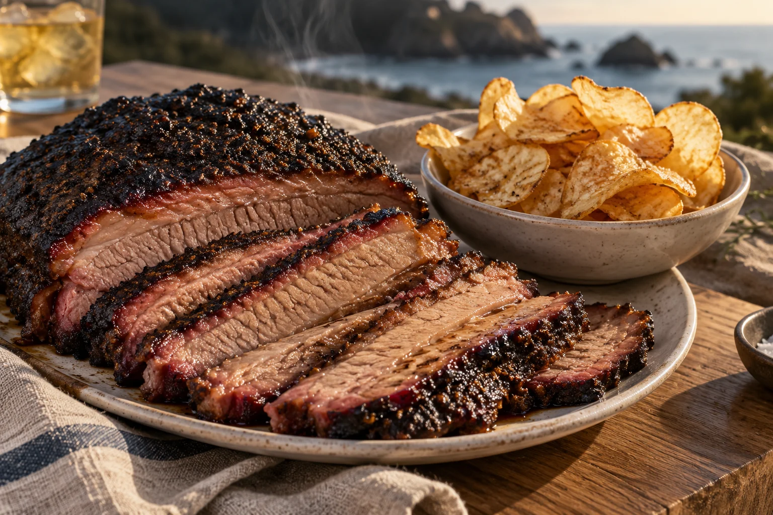 Sliced wood-smoked brisket and crisp kettle chips, ready to share.