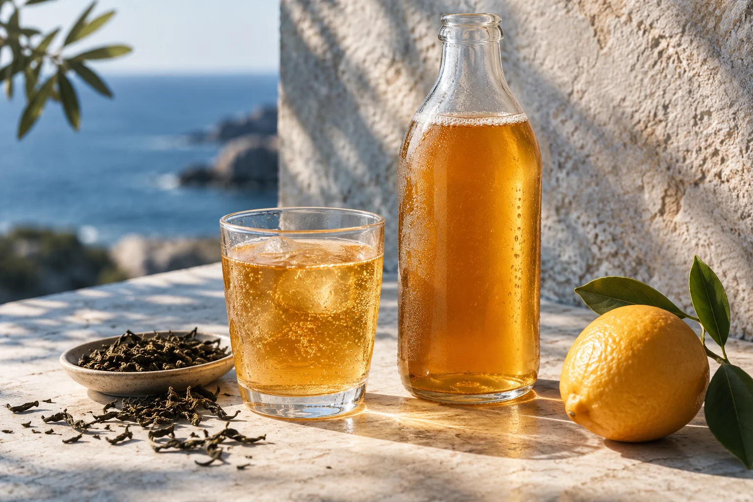 Amber fermented tea in a clear bottle and glass, with tea leaves and citrus.
