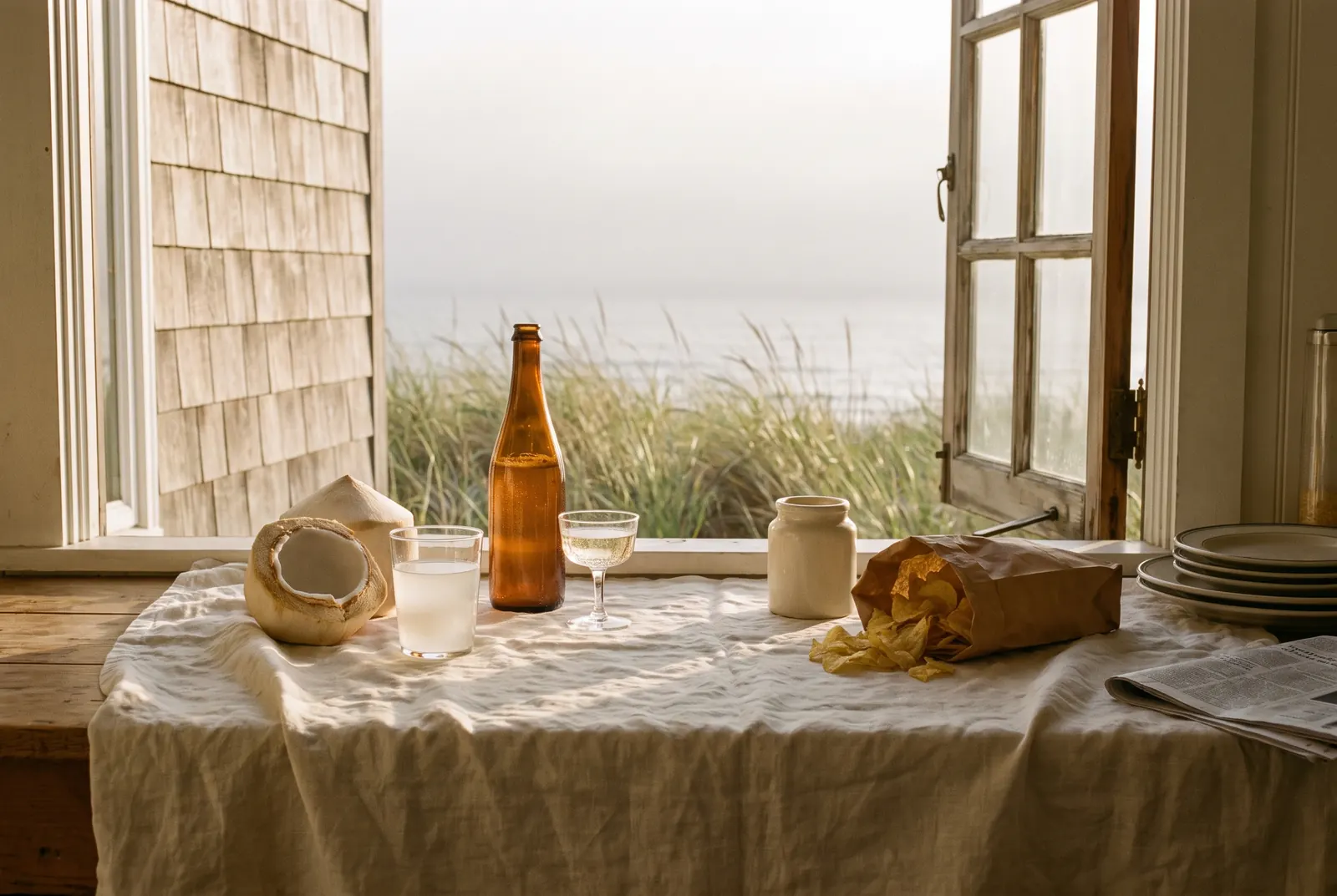 A pantry still at dusk: a halved young coconut and a glass of coconut water, an amber bottle of fermented tea, a small crock, and kettle chips spilling from a paper bag, on rumpled linen before an open window to the dune grass.